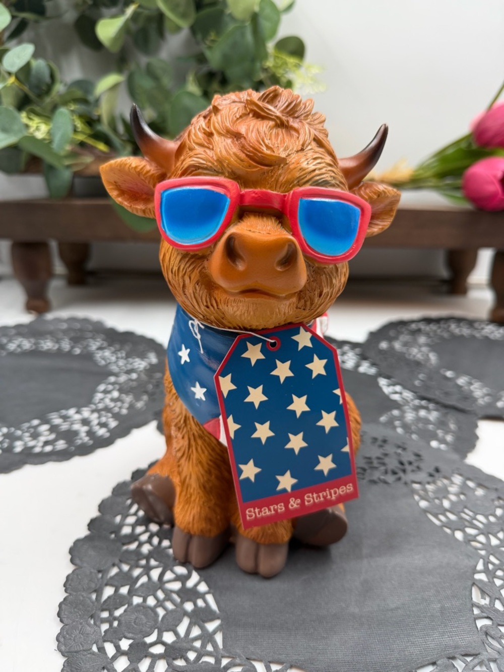 STARS & STRIPES Highland Cow Figurine With Sunglasses 8” USA Patriotic Decor